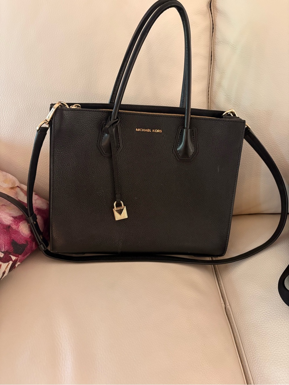 Michael Kors Black Pebbled Leather Satchel with Gold Hardware